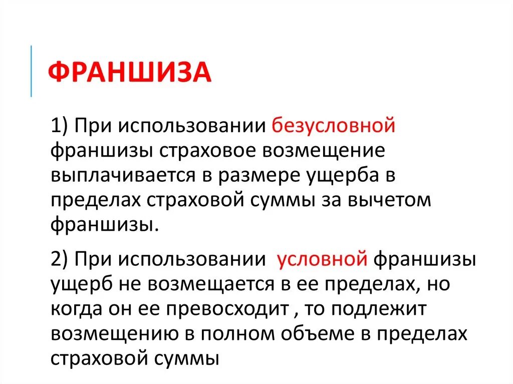 Франшиза в страховом случае. Условная и Безусловная франшиза в страховании. Виды франшиз в страховании условная и Безусловная. Условная франшиза в страховании это. Условная франшиза и Безусловная франшиза в страховании.