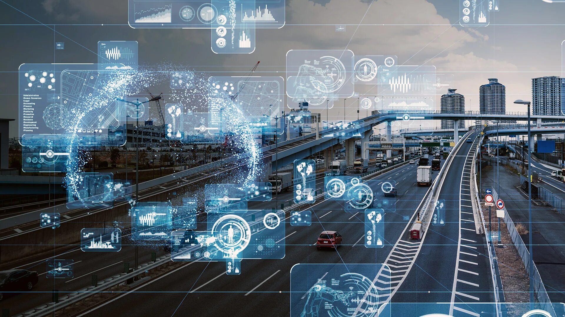 Технологии будущего. Инновационный транспорт. Инфраструктура будущего. Технологичный фон.