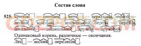 Лесник окончание слова. Русский язык 4 класс Рамзаева упражнение 525. Корень в слове школьник и дошкольник. Состав слово верхушка.