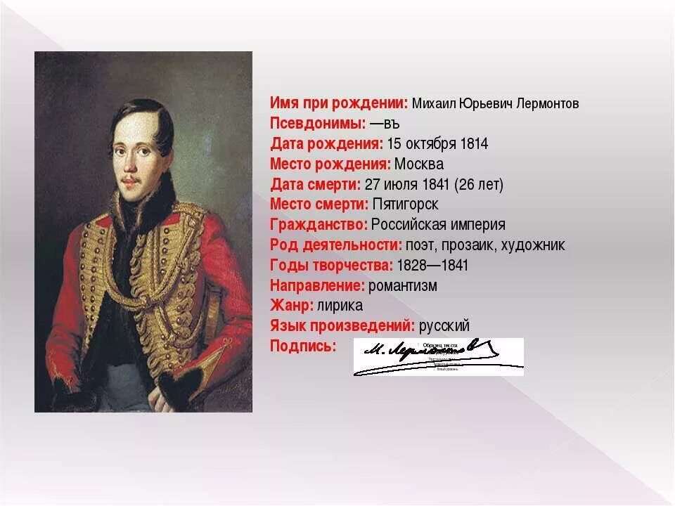 Конспекты уроков литературы по лермонтову. Материал о м ю Лермонтове. Жизнь Михаила Юрьевича Лермонтова Лермонтова-поэта.