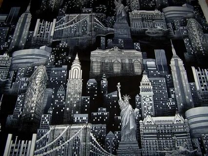 New York City Skyline Cotton Fabric Black and White NYC.