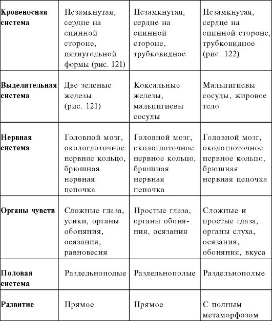 Системы органов членистоногих и описание таблицы