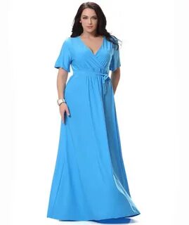 Larger Ladies Apparel Blue Short Sleeve Long Maxi Dress Elegant Woman Party Floo