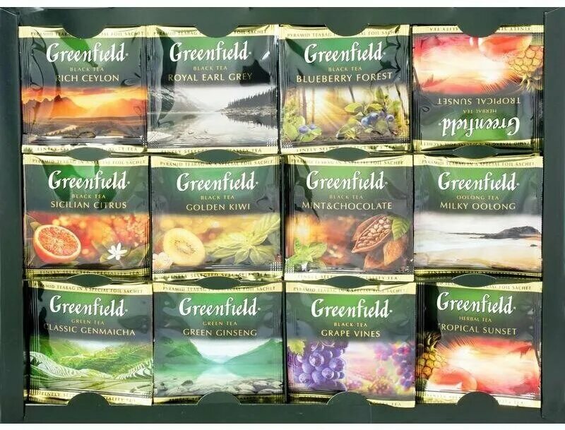 Вкусы чаев виды. Greenfield Pyramid Tea collection ассорти. Гринфилд чай 100 пакетиков ассорти. Чай Гринфилд в пакетиках ассорти. Чай Greenfield Pyramid Tea collection ассорти 60.