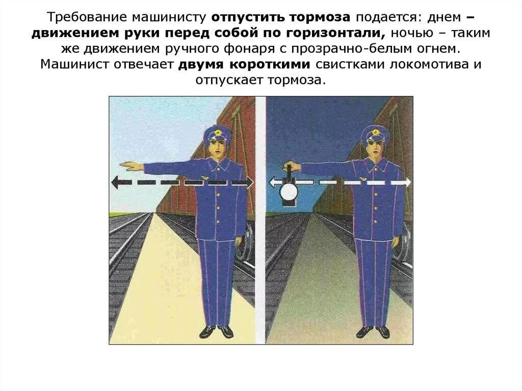 Каким образом подается. Сигнал требования машинисту отпустить тормоза. Ручной сигнал отпустить тормоза. Требование машинисту отпустить тормоза днем. Отпустить тормоза ручной сигнал машинисту.