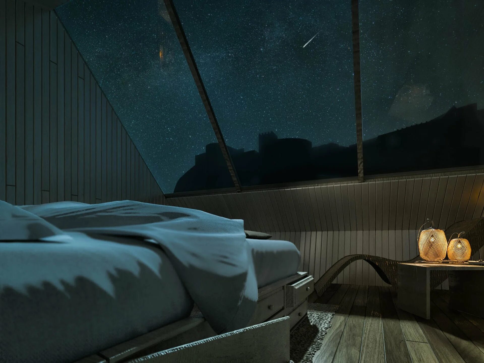 Луна освещает комнату. Комната ночью. Кровать ночью. Атмосферная комната с кроватью. Комната вечером.