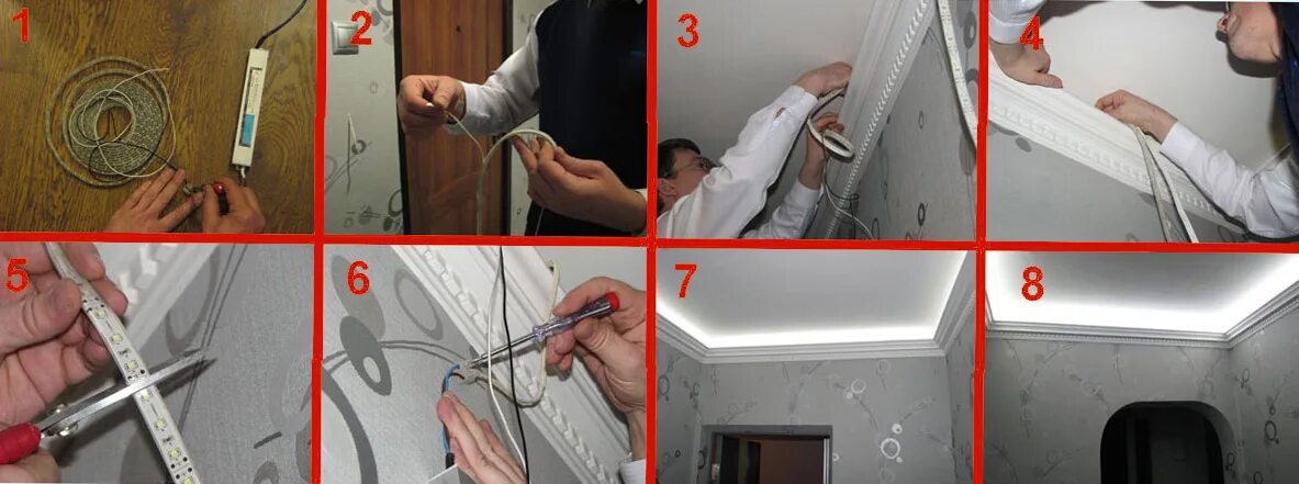 как делают светодиодный периметр натяжного потолка. установка подсветка светодиодной лентой. светодиодная лента под натяжным потолком монтаж. светодиодная подсветка потолка монтаж. подсветка карниза для штор.