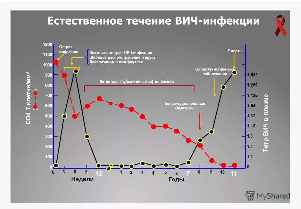 Нулевая нагрузка при вич. Течение ВИЧ инфекции. График развития ВИЧ. Естественное течение ВИЧ. Схема развития ВИЧ-инфекции.