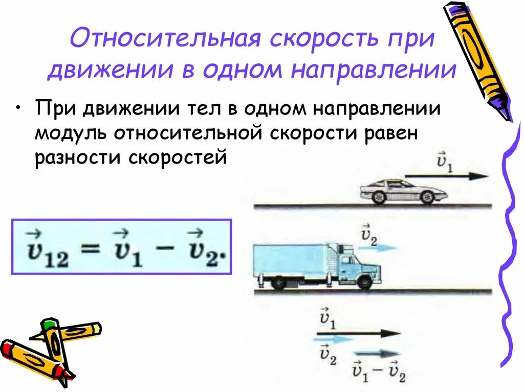 Сравнение скорости тела. Формула нахождения относительной скорости. Относительность скоростей формула. Относительная скорость движения тела. Относительная скорость формула.