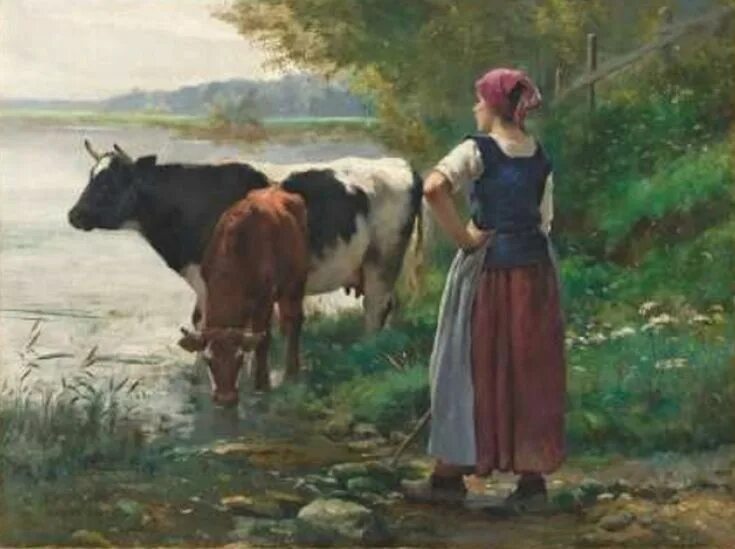 Жюльен Дюпре (Julien Dupré) (1851-1910).. Жюльен Дюпре художник. Жюльен Дюпре "крестьянка". Крестьянка пасущая корову Милле.