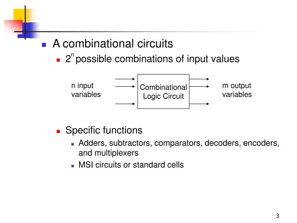 Input variables. Combinational Logic circuits. A combination of possibilities. Logic circuit or. Adder circuit for two input values.