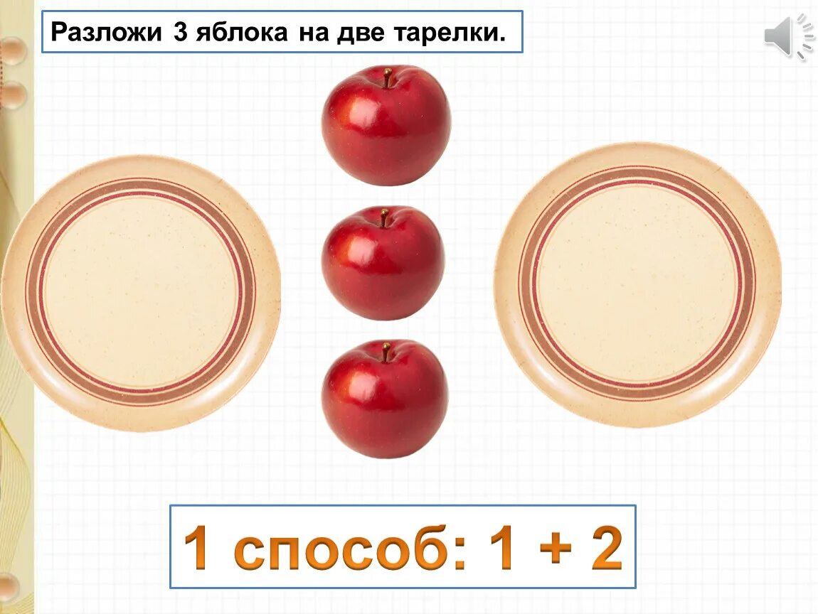 Разложи разложи ру 3. Три яблока на тарелке. 3 Тарелки по 2 яблока. Разложи яблоки на тарелочки. 2 Яблока на тарелке.