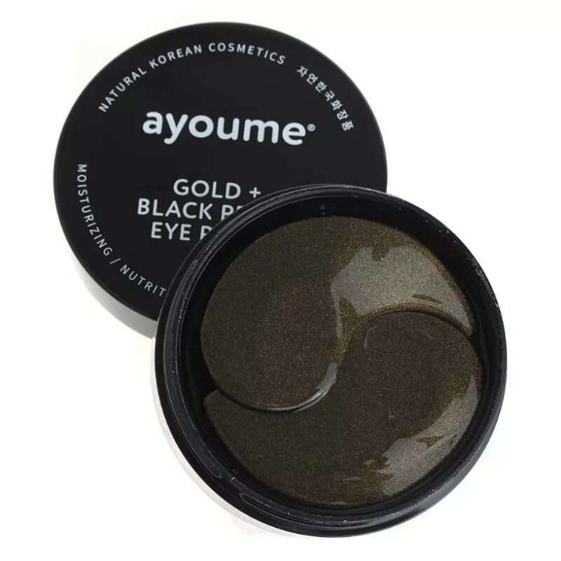Патчи от темных. Ayoume gold+black pearl eye patch. аюм патчи ayoume gold+black pearl eye patch. ayoume gold+black pearl eye patch 1,4g x 60ea  патчи для глаз с золотом и черным жемчугом. патчи с черным жемчугом и золотом.