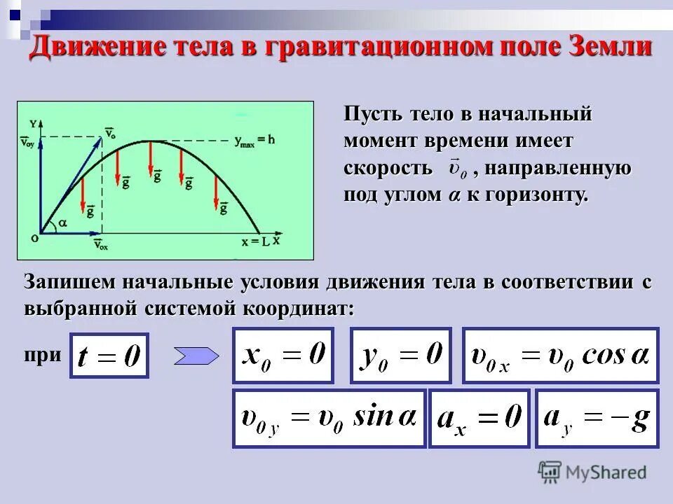 Движение тел в гравитационном поле. Движение тела под углом к горизонту. Движение тела в гравитационном поле земли. Проекции скорости под углом к горизонту. Момент времени проекта на