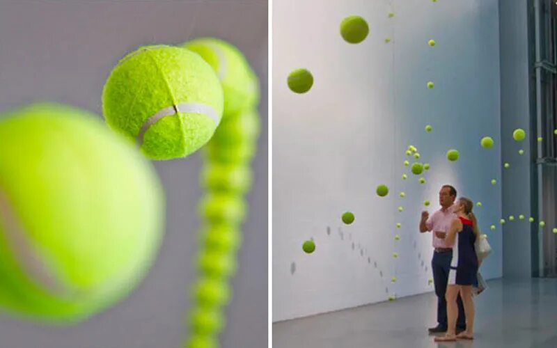 Инсталляция из теннисных мячиков. Теннисные шары. ТКНИСНИ шарики. Полет теннисного мяча.