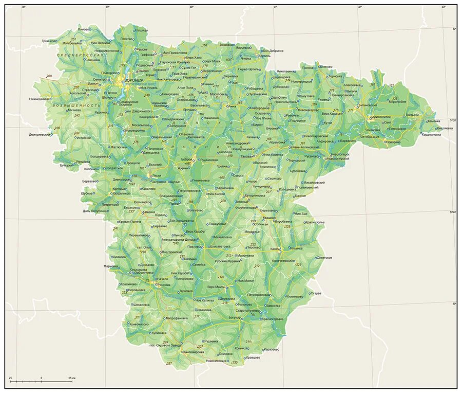 Карта Воронежской области подробная. Физическая карта Воронежской области. Воронежская область карта Воронежской. Воронежская область на карте с городами.