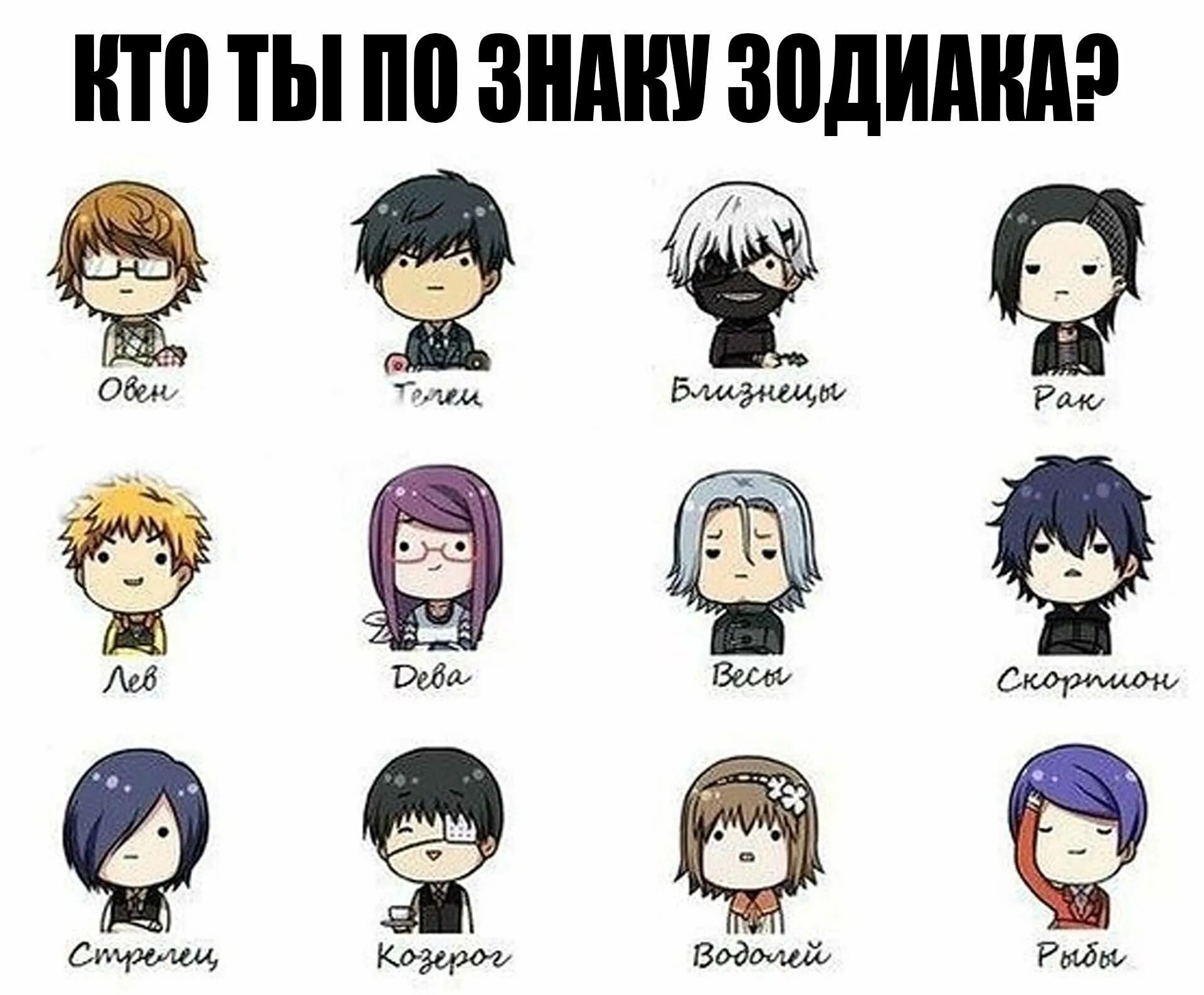 Персонажи из аниме по знаку зодиака. Название персонажей из аниме. Аниме персонажи по знакам зодиака. Аниме клинок рассекающий демонов чиб. Аниме токийский гуль знаки зодиака персонажей.