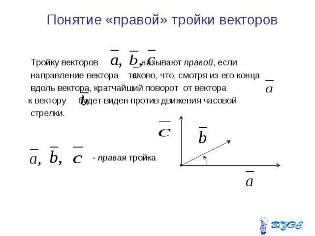 Ориентация тройки векторов. Правая и левая тройка векторов. Тройка векторов называется правой если. Правая тройка.