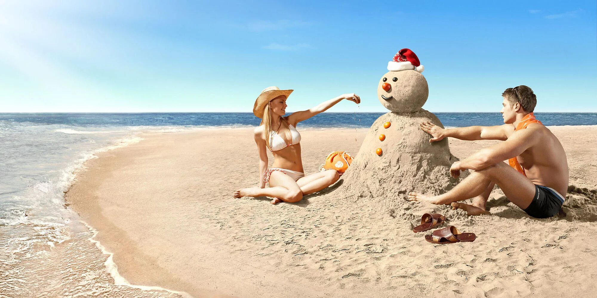 Новый год на пляже. Снеговик на пляже. Приколы про море. Прикольный отдых. Тетка море