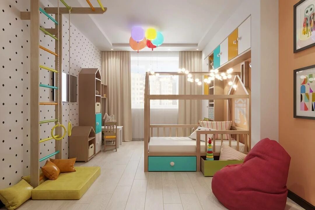 Решение для маленьких детей. Зонирование детской комнаты для двоих. Детский уголок в однокомнатной квартире. Зонирование комнаты для двоих детей. Детская игровая зона.