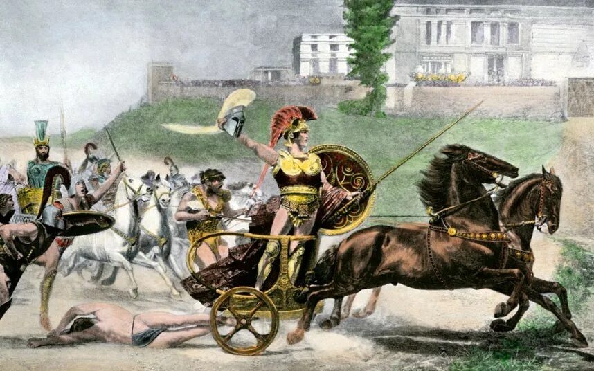 Жена гектора 9 букв. Ахилес колесница Гектор. Картина Ахиллес на колеснице. Троя Гектор колесница.