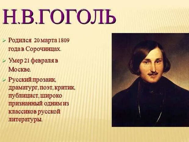 Н Васильевич Гоголь. Какой писатель родился 1809