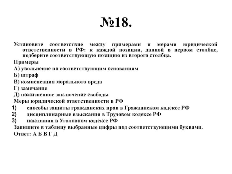 Установите соответствие примеры меры юридической ответственности Соответствие между примерами и мерами юридической ответственности