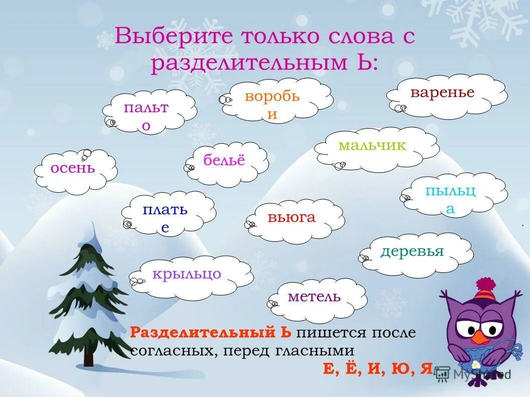 Существительные на зимнюю тему. Слова с разделительным мягким. Слова с разделительным мягким знаком. Слова с разделелетельным ь. Слова с разделительным ь знако.