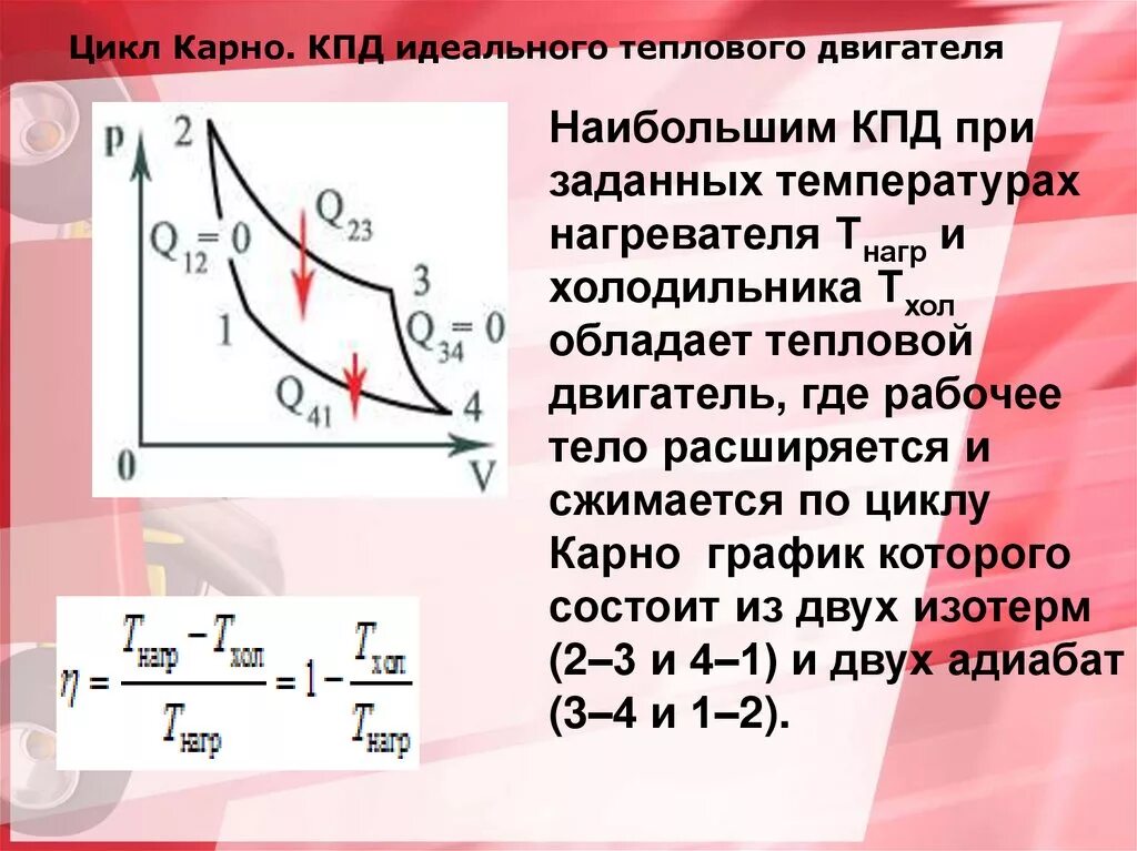 Карно понизили. Цикл Карно КПД двигателя. Цикл Карно, его термический КПД. КПД цикла Карно холодильника. КПД тепловой машины цикл Карно формула.