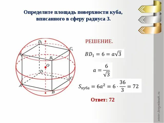 Шар в кубе формула. Формула Куба вписанного в шар. Площадь Куба вписанного в сферу. Куб вписанный в сферу. Площадь поверхности вписанной сферы.