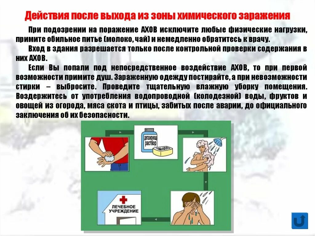 Какие действия необходимо предпринять. Действия при выходе из зоны заражения АХОВ. Действия после выхода из зоны химического заражения. Порядок действий при угрозе химического заражения. При невозможности покинуть зону заражения.