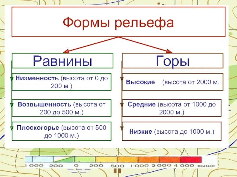 Основные формы гор и равнин. Классификация форм рельефа 8 класс. Формы рельефа схема. Формы рельефа по высоте. Классификация основных форм рельефа по высоте.