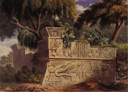 a painting of an ancient building in the jungle 
