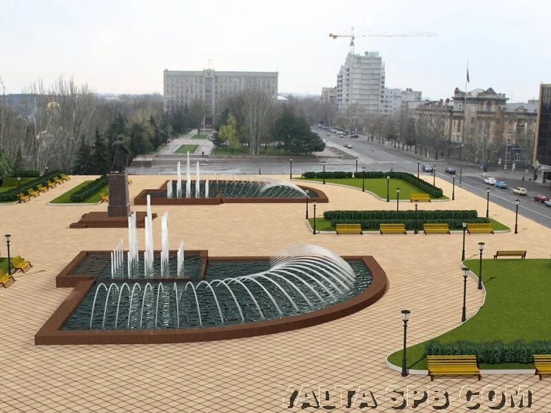 Современная площадь. Фонтан с облагороженной территорией и лавочками. Серая площадь Николаев.