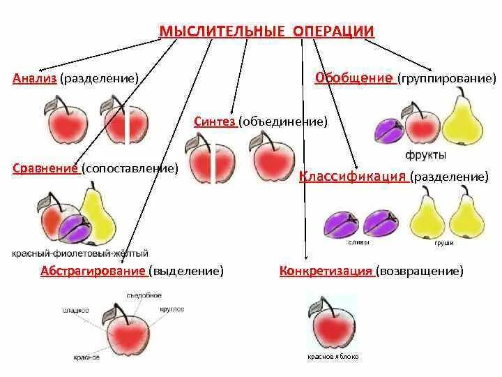 Абстракция обобщение сравнение и анализ синтез являются. Схема основные мыслительные операции. основные операции мышления в психологии. конкретизация мыслительная операция. операция мышления анализ пример.