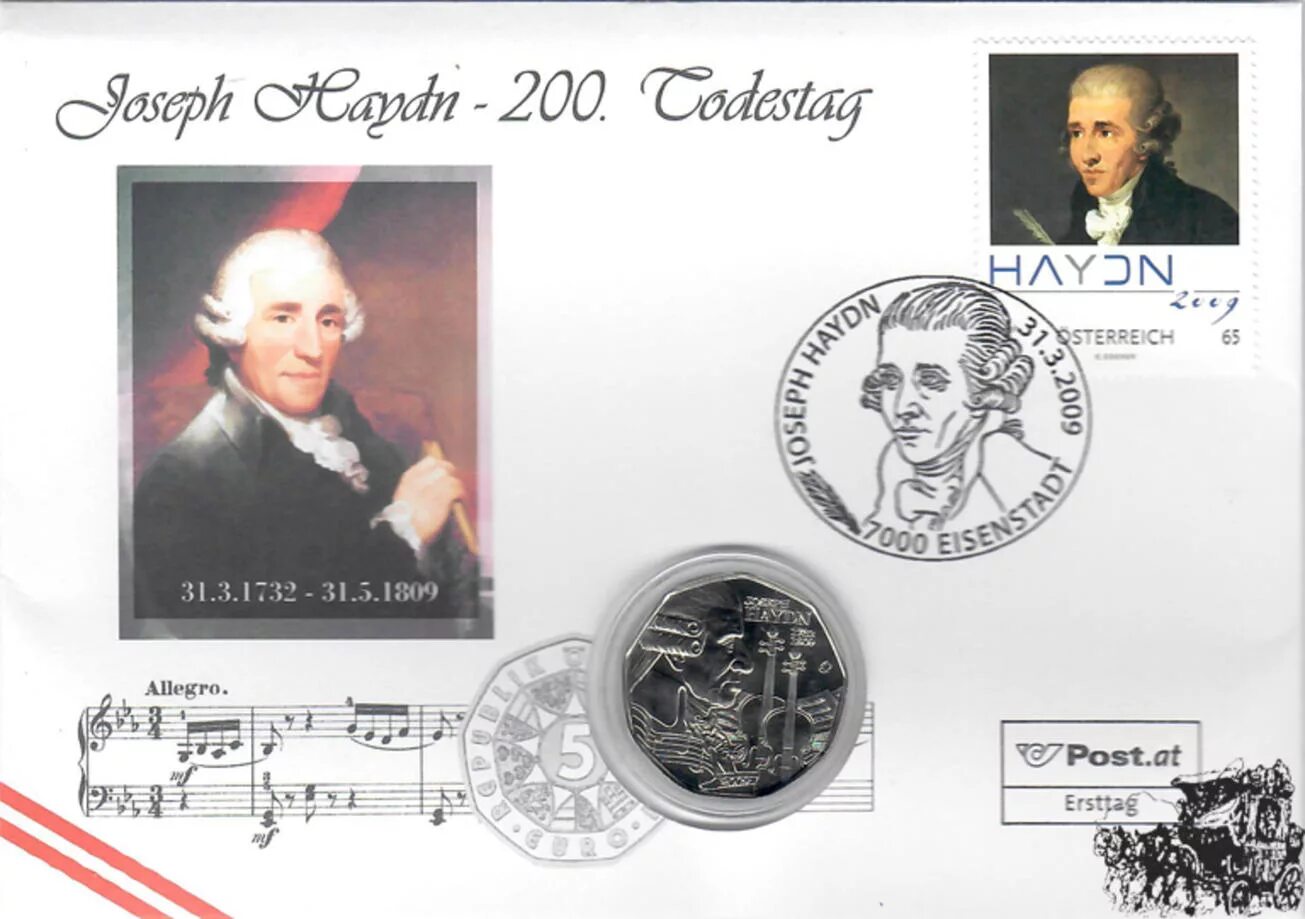 Гайдн сюрприз. Йозеф Гайдн Почтовая марка. Марка и монета Гайдн. Монета Гайдн и Эстерхази. 5 Евро.Гайдн 2009 фото.