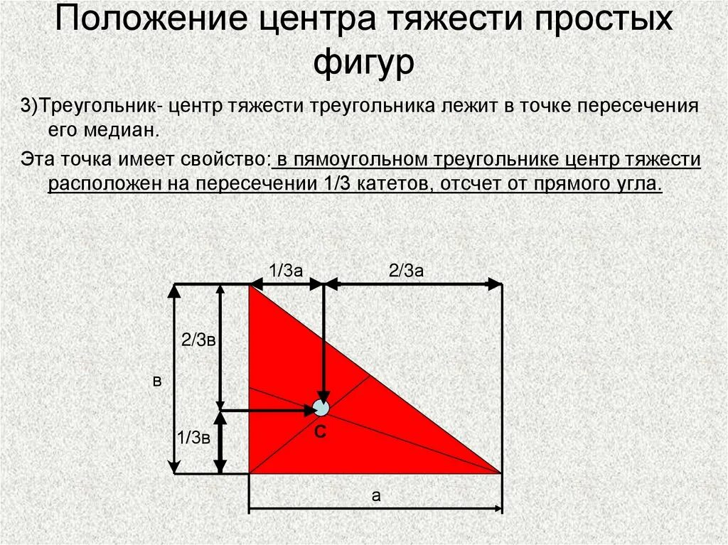 Как определить в каком положении находится. Центр тяжести прямоугольного треугольника. Как определить центр тяжести прямоугольного треугольника. Координаты центра масс треугольника. Положение центра тяжести прямоугольного треугольника.