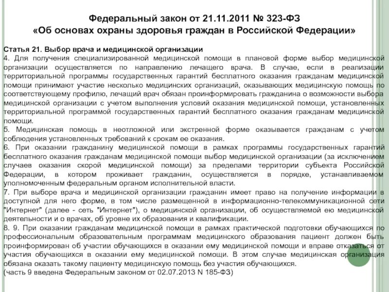 Статья 21 выбор врача и медицинской организации. Права на выбор врача. Закон о праве выбора медицинского учреждения. Статья 21 фз 323. Выбор врачей в статье.