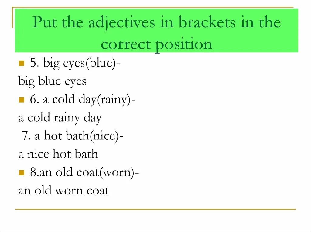 Предложения adjective. Adjectives правило последовательность использования. Sequence of adjectives in English. Put the adjectives in the right order задание. Adjective предложения