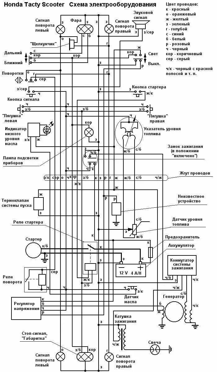 Электропроводки скутера. Схема электропроводки китайского скутера 4т. Схема электрооборудования скутера 4т. Электрическая схема скутера Хонда такт 24. Схема электропроводки мопеда.