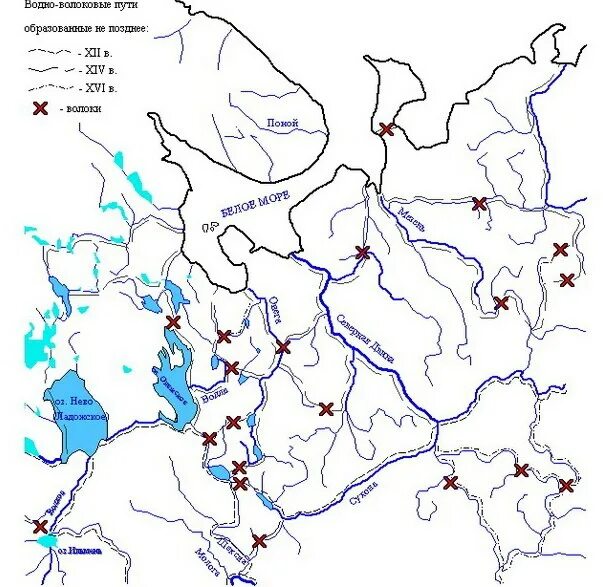Река северная на контурной карте Mezen river of the White Sea
