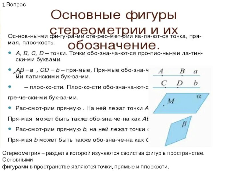 Основные фигуры стереометрии. Свойства фигур в пространстве. Фундаментальные фигуры в стереометрии. Обозначение плоскости в стереометрии. Свойства основных фигур