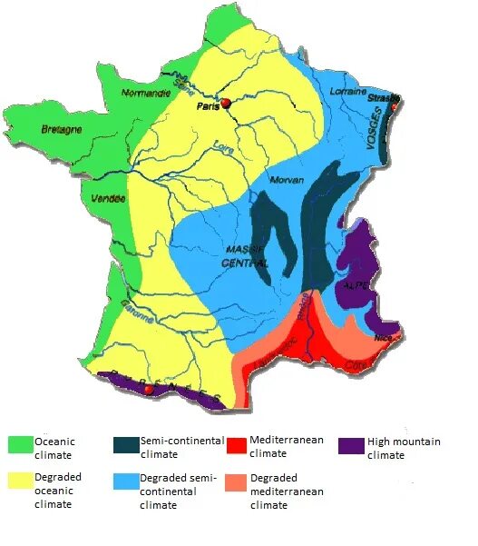 Климатическая карта Франции. Климатические зоны Франции на карте. Климат Франции карта. Климатические пояса Франции карта. Климатические условия франции в разных частях страны