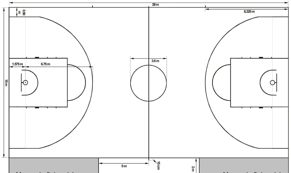 Размеры б б площадки. Разметка площадки в баскетболе. Разметка баскетбольной площадки 26х14. Чертеж баскетбольной площадки с размерами и зонами. Чертёж баскетбольной площадки с размерами на а4.