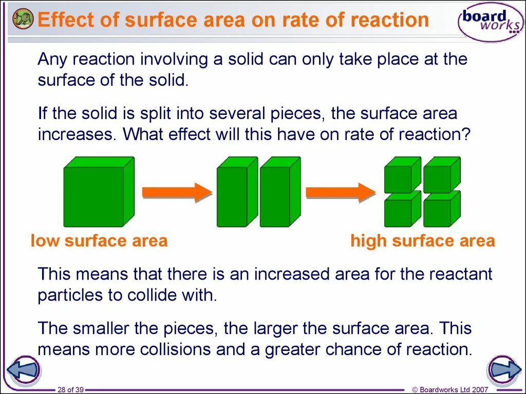 Effect of surface area to rate of Reaction. Surface area and rate of Reaction. Area of Effect. Rate of Reaction. Effect o