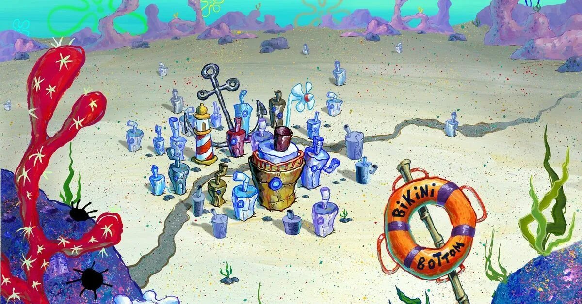 Бикини боттом красти краб. Ночной бикини боттом. Губка боб бикини ботам. Бикини боттом из спанч боба. Губка боб город бикини боттом.