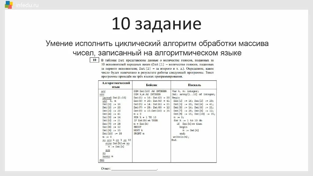 Решу огэ информатика 2024 8 задание. Алгоритм Информатика ОГЭ задание 10. Циклический алгоритм обработки массива чисел. Задачи ОГЭ Информатика. Десятое задание ОГЭ Информатика.