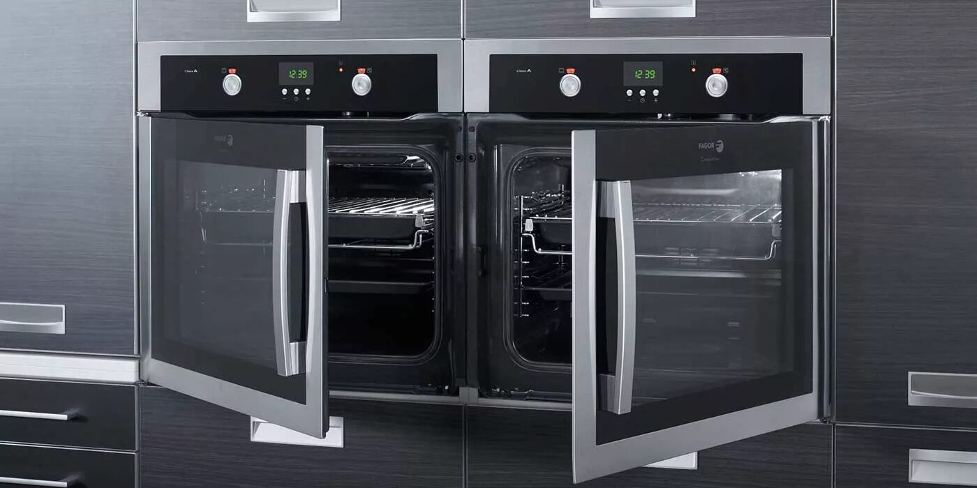 Духовой шкаф электрический встраиваемый Fagor. Духовой шкаф Miele с боковым открыванием двери. Духовой шкаф Barazza с боковым открыванием двери. Газовый шкаф Fagor.