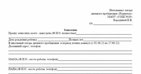Заявление в лагерь дневного пребывания