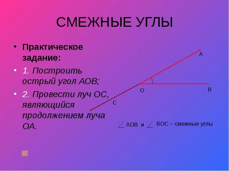 Смежные лучи. Смежные углы. Построение смежных углов. Острый угол. Постройте смежные углы.